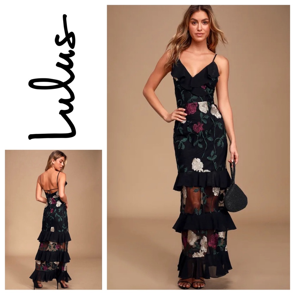 Lulu's Black Floral Embroidered Ruffle Maxi Dress